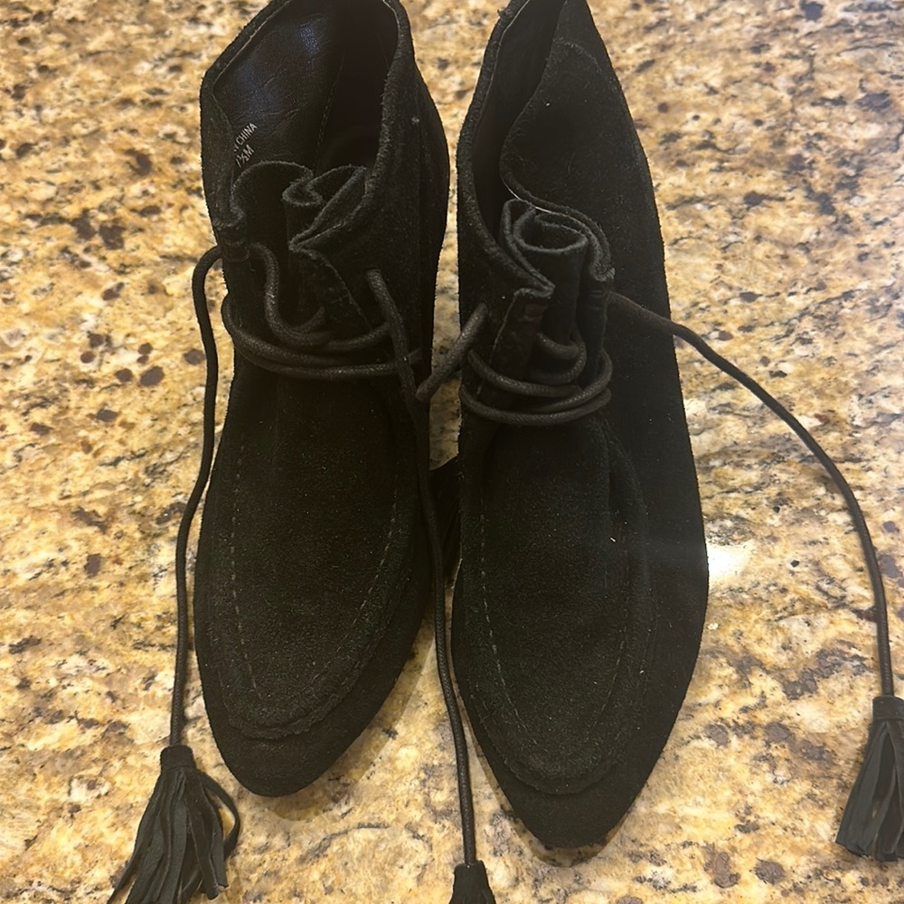 W. Rebecca Minkoff boots,
 7.5. black suede tassel lace up, ankle boots,